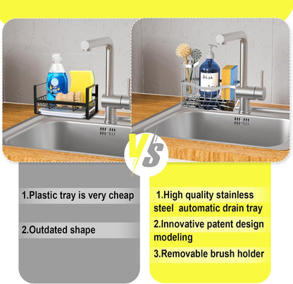 Maifan Sink Caddy Sponge Holder for Kitchen with Brush Holder and Stainless Steel Self Drain Tray, Rustproof Kitchen Sink Organizer for Sponge, Soap Dispenser Storage Accessories (Lacquer Silver)