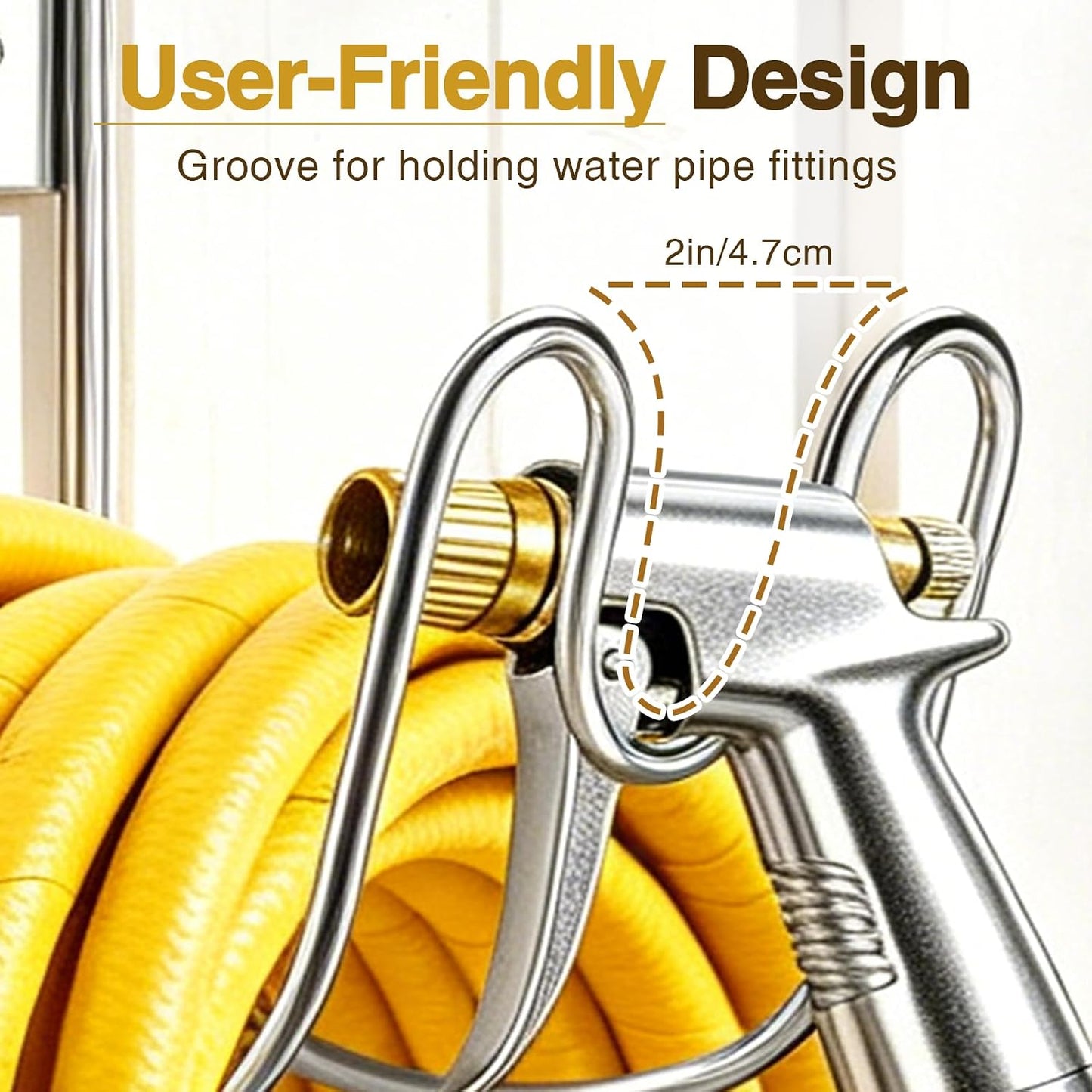 Garden Hose Holder Wall Mount, SS304 Stainless Steel Water Hose Hanger Heavy Duty with Nozzle Groove, 44LB Capacity Outdoor Hose Rack for Extension Cords Vacuum Hose, Silver, 1 Pack