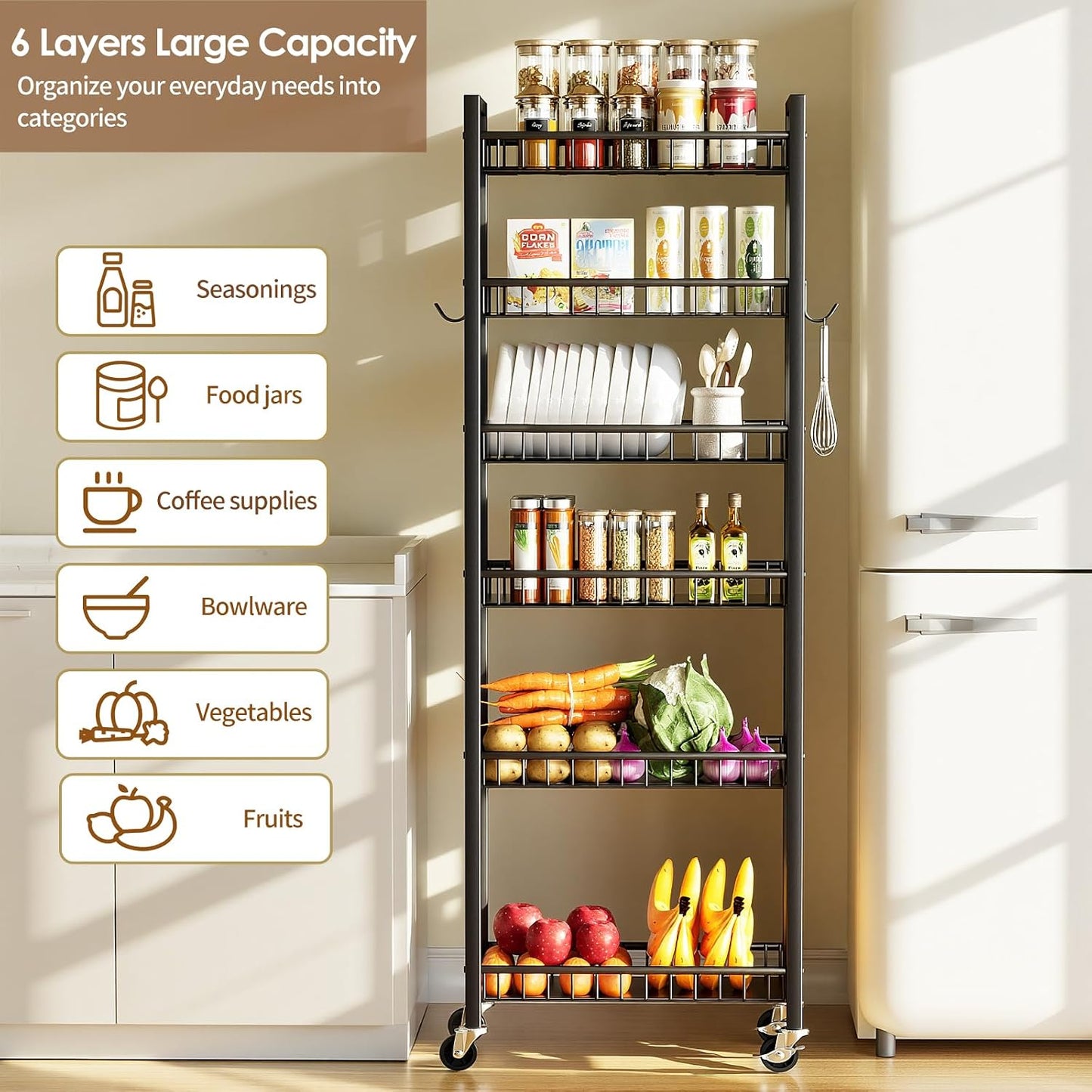 Slim Storage Rolling Cart, 4 Tier Narrow Cart with Wheels, Metal Kitchen Rolling Cart for Small Spaces, Slide Out Storage Shelves for Kitchen, Laundry Room, Bathroom, Living Room, 7.1in(W)