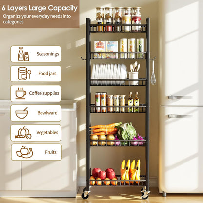 Slim Storage Rolling Cart, 4 Tier Narrow Cart with Wheels, Metal Kitchen Rolling Cart for Small Spaces, Slide Out Storage Shelves for Kitchen, Laundry Room, Bathroom, Living Room, 7.1in(W)