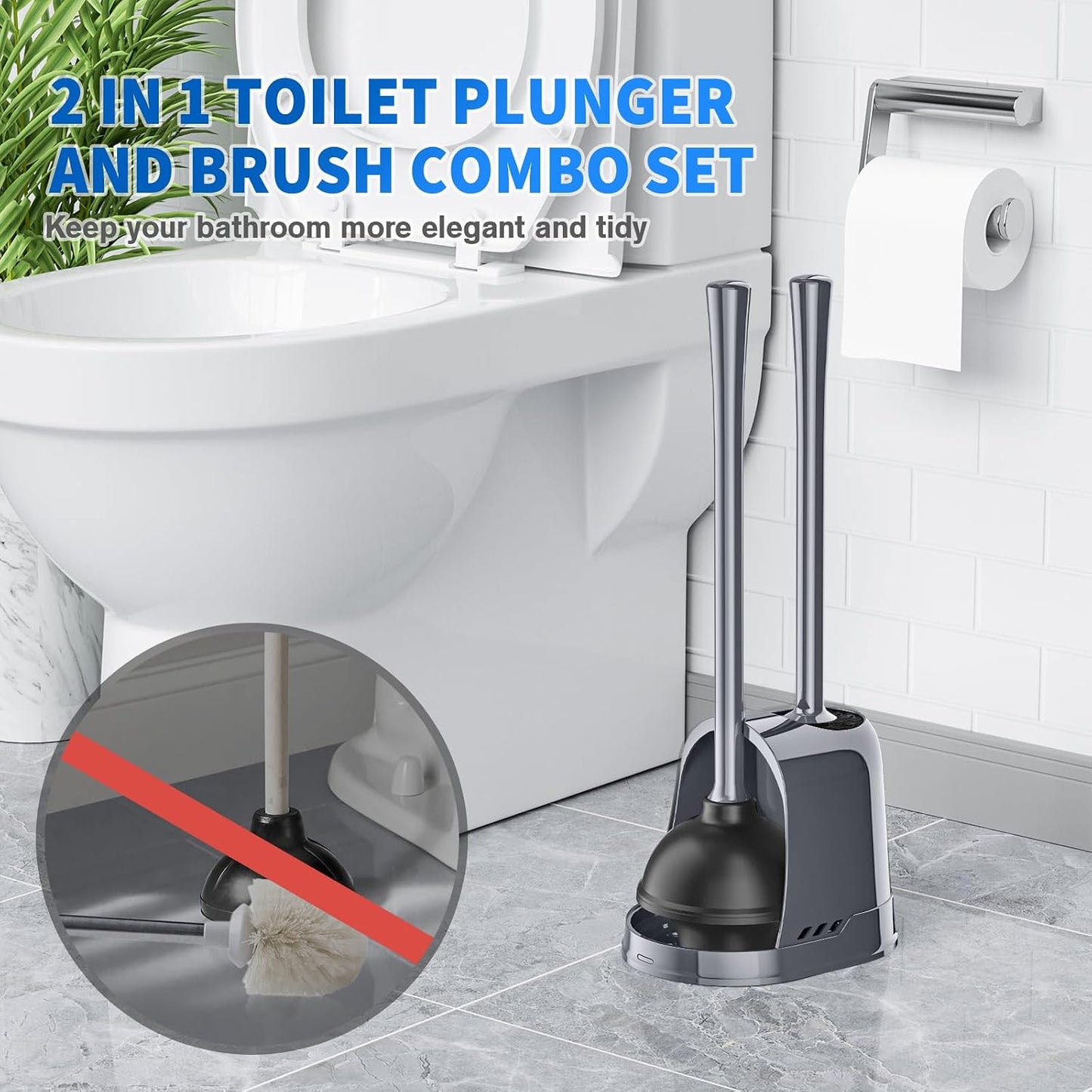 LOVLOY Toilet Plunger and Brush, Bowl Brush and Heavy Duty Toilet Plunger Set with Ventilated Holder, 2-in-1 Toilet Brush and Plunger Combo for 5.3-inch Toilet Drain Bathroom Cleaning (Black)