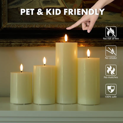 Flickering Flameless Candles, Real Wax Battery Operated Candles with Remote, Flat Top Led Flameless Pillar Candles for Home, Wedding, Party Decor, Set of 4, Φ 3" H 4" 5" 6" 8", Ivory