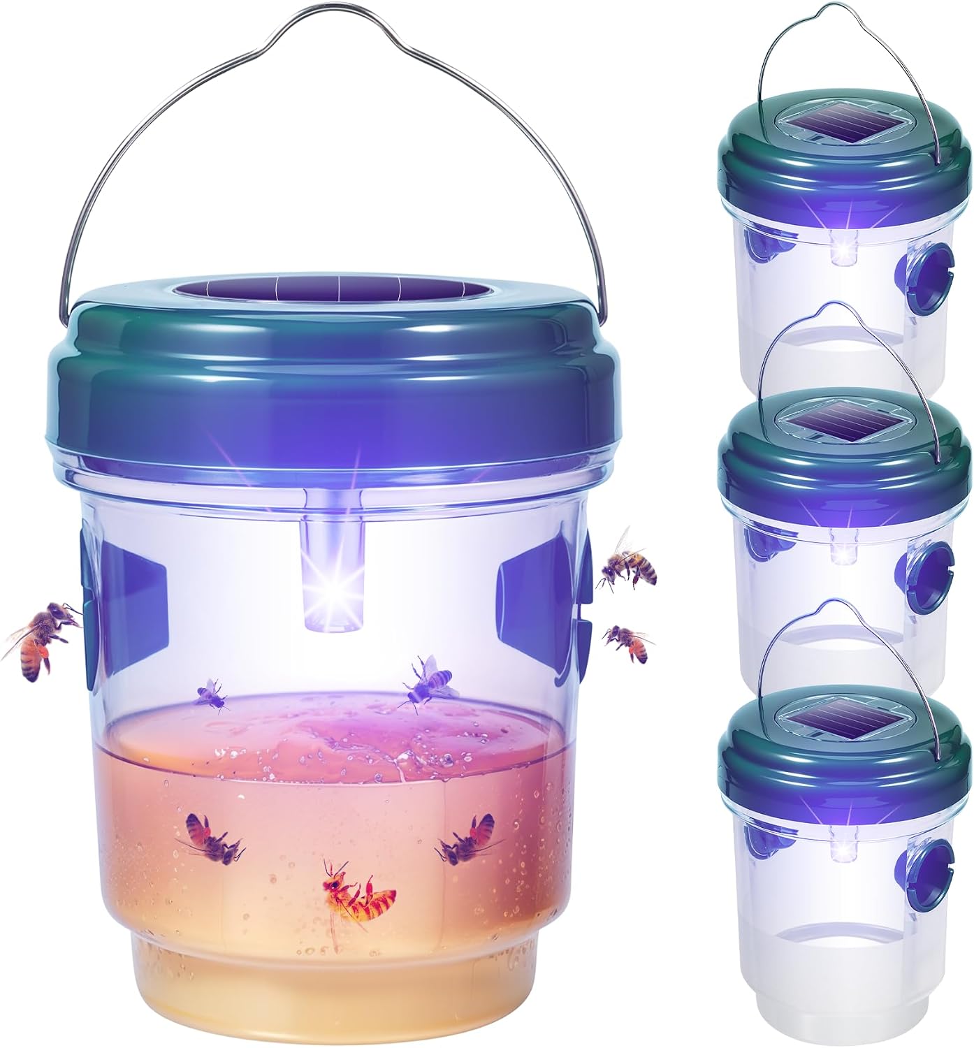 Solar Wasp Trap Outdoor Hanging, 4 Pack Wasp Trap Catcher Yellowjacket Trap Hornet Wasps Killer with UV LED Light Reusable Carpenter Bee Traps for Outside, Garden, Backyard, and Orchard