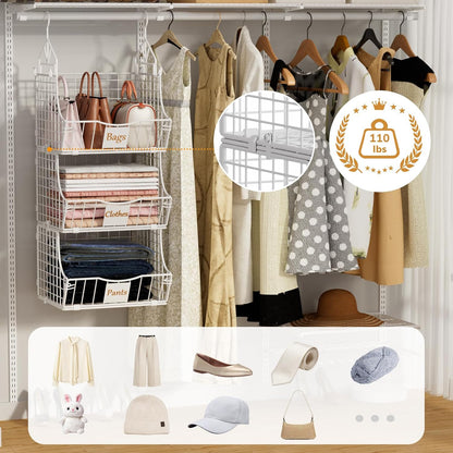 Hanging Closet Organizers and Storage, 3 Tier Closet Shelf Clothes Organizer with 2 S-Hooks, Multi-Functional Iron Wire Baskets, for Clothing, Sweaters, Handbags, Hat, Canned