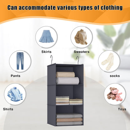 Hanging Closet Organizer 3-Shelf, Oxford Fabric Wardrobe Storage, Gray | Easy-mount foldable design holds clothes, handbags, shoes & accessories; washable Oxford fabric, sturdy and space-saving.