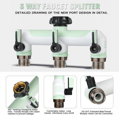 ATAOSGRGarden Hose Splitter 3 Way, 3/4" Outdoor Faucet Splitter, Tap Connector with On/Off Valves and Extended Handle, Tap Adapter Garden Hose Connector for Garden Outdoor Home - Greens