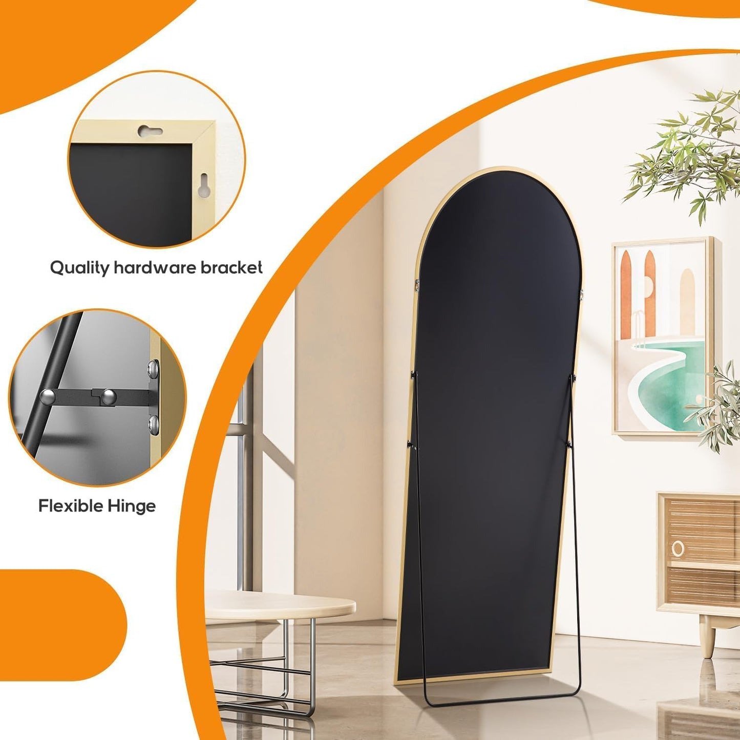 Arched Mirror Full Length, Upgraded 16"x59" Body Wall Mirrors with Shatter-Proof Glass, Floor Standing, Hanging or Leaning, Tall Arch Mirror with Stand Aluminum Alloy Frame for Bedroom, Black