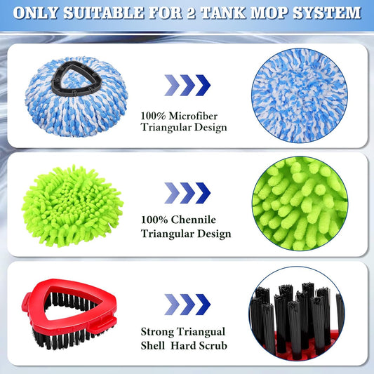 Spin Mop Head Refills Compatible with OCedar RinseClean 2-Tank System - 6-in-1 Kit Includes 4 Microfiber Replacement Heads, 1 Mop Base & 1 Scrub Brush - Machine Washable Floor Cleaning Set