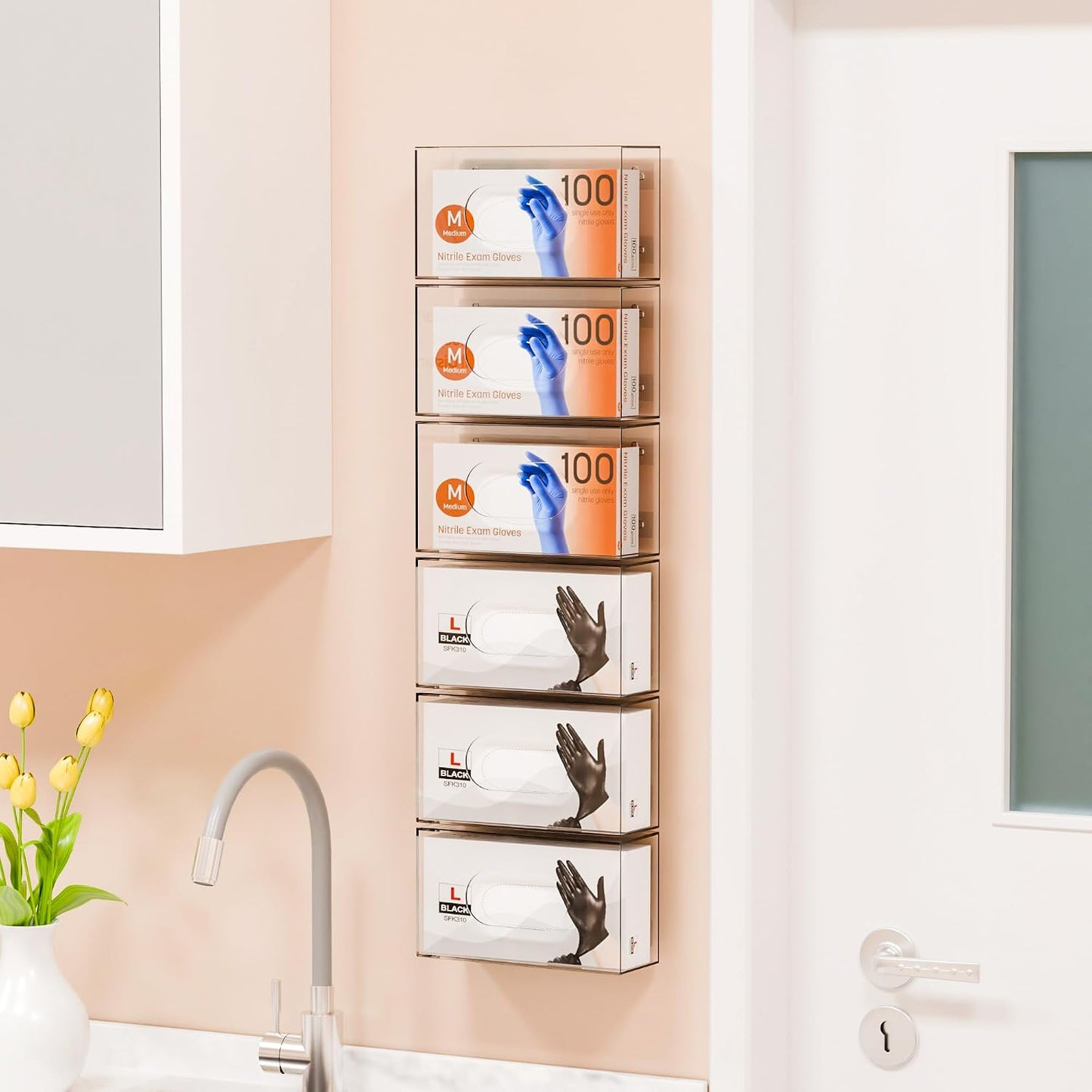 Yieach Acrylic Glove Holder for Wall Mount With Adhesive,No-Drill Latex Glove Box & Dispenser,Disposable Medical Rubber Glove Holder on Wall & Hanging Hospital Hair Net,Mask,Gloves Rack,Clear,1 Pack