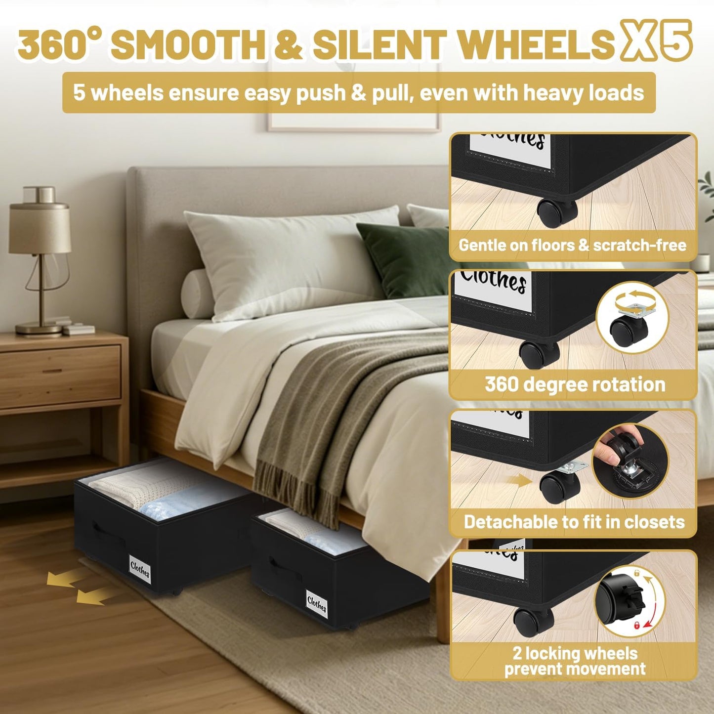 Under Bed Storage with Wheels, 2 Pack Underbed Storage Containers with Clear Lid & Label, XXL 75L Easy Assembly Rolling Under Bed Shoe Storage for Clothes, Shoes, Blankets, Black(28.3 X 16.5 X 9.5 in)