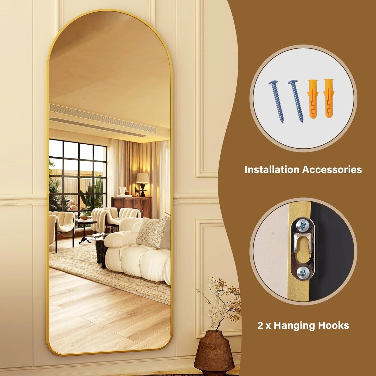 HARRITPURE 64"x21" Arched Full Length Mirror Free Standing Leaning Hanging Mounted Mirror Aluminum Frame Modern Simple Home Decor for Living Room Bedroom Cloakroom, Gold