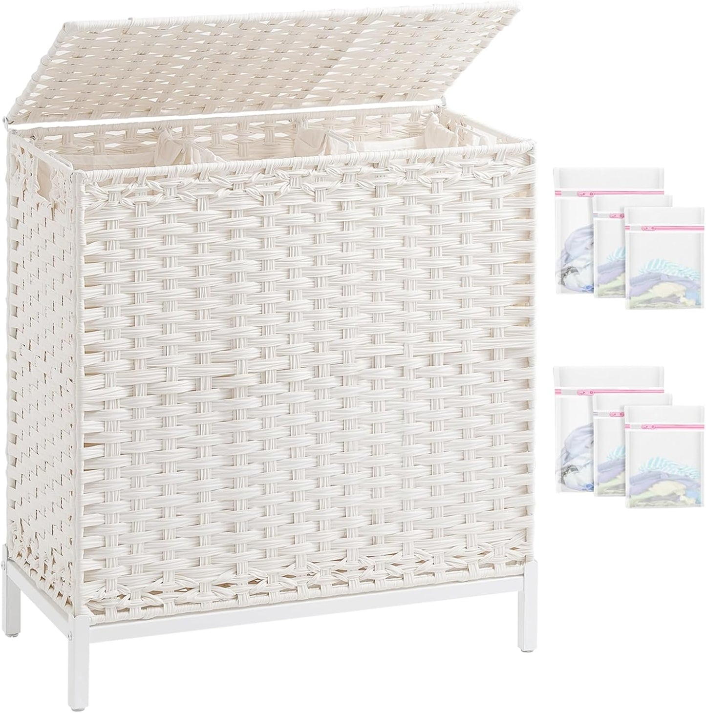 SETVSON Laundry Hamper with Lid 132 L, (35 Gallons) Clothes Hamper with Lid, Handwoven Rattan Laundry Hamper with Metal Heightened Feet, Laundry Hampers with 3 Removable Liner Bags for Laundry-Natural