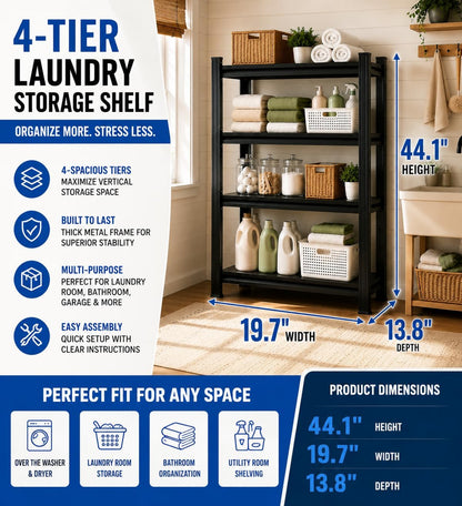 Heavy Duty Over Washer and Dryer Storage Shelf, 4 Tier Adjustable Metal Laundry Room Organizer, Freestanding Utility Shelving Rack, Rust Resistant Steel Storage Shelf, Black, 19.7"Wx 13.8"Dx 44.1"H