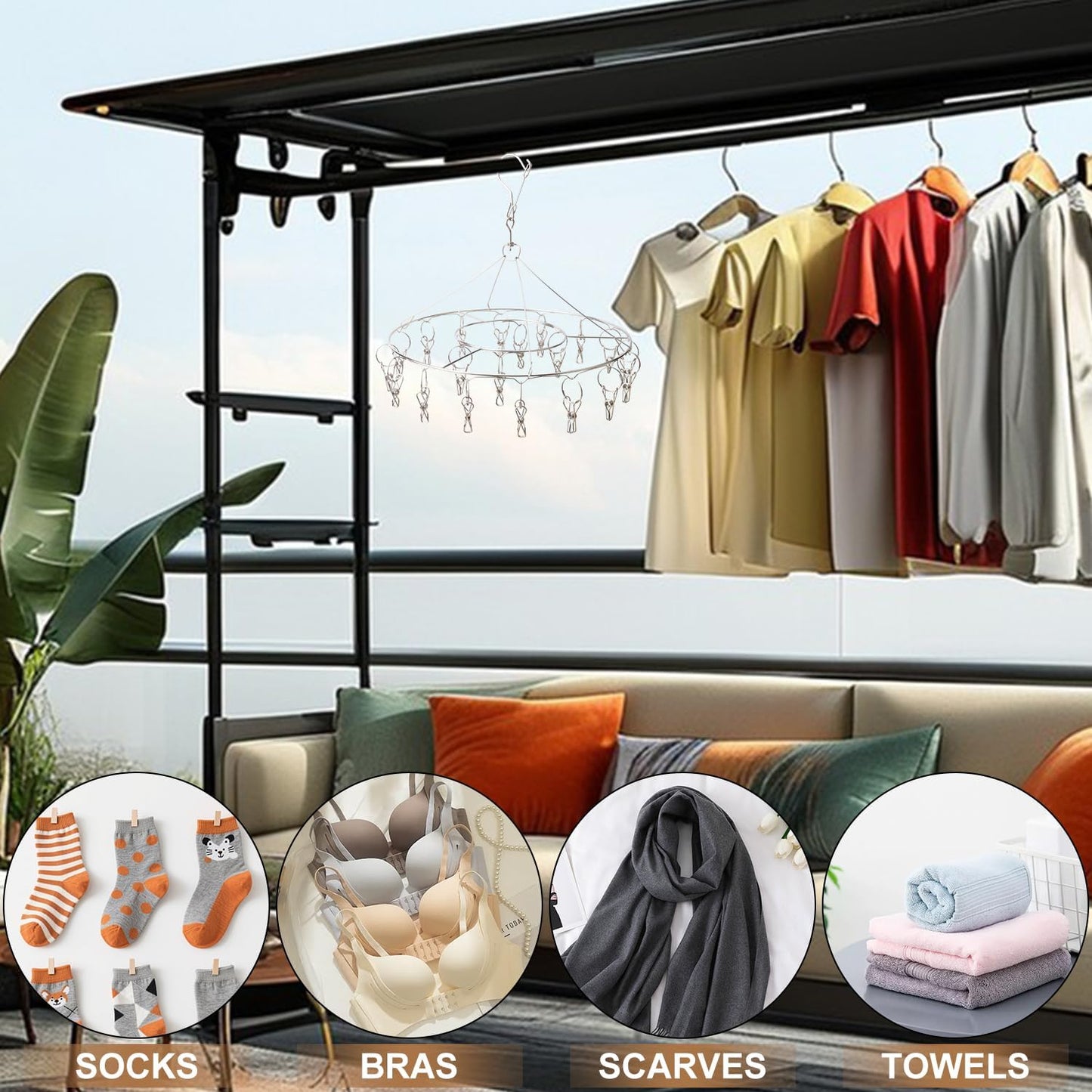 16 Pack 14 inch Stainless Steel Drying Rack with 10 Clips, Sock Drying Rack with Windproof Clips, Stainless Steel Clothes Hanger for Bras, Clothes, Sock & Underwear Towels