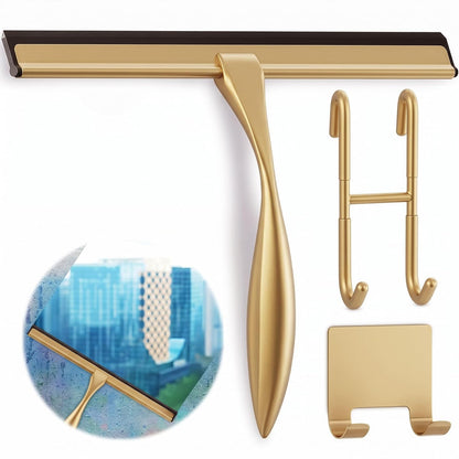 Shower Door Squeegee with Adhesive & Hanging Hooks, 12" Silicone Blade - Stainless Steel All-Purpose Squeegee for Shower Glass, Bathroom Mirror Cleaner Tool Suitable for Tile Walls - Multi-Surface Use