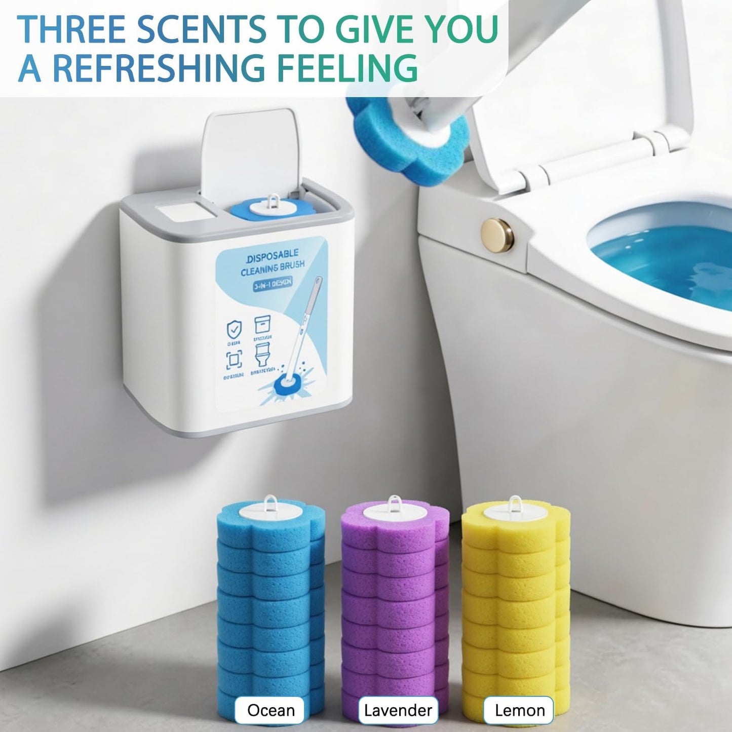 2026 Disposable Toilet Brush and Holder Set, Disposable Toilet Bowl Cleaning System with Aromatherapy Refills, Cleaning Wand with Storage Case & Scented Tabs (Ocean, Lemon & Lavender)