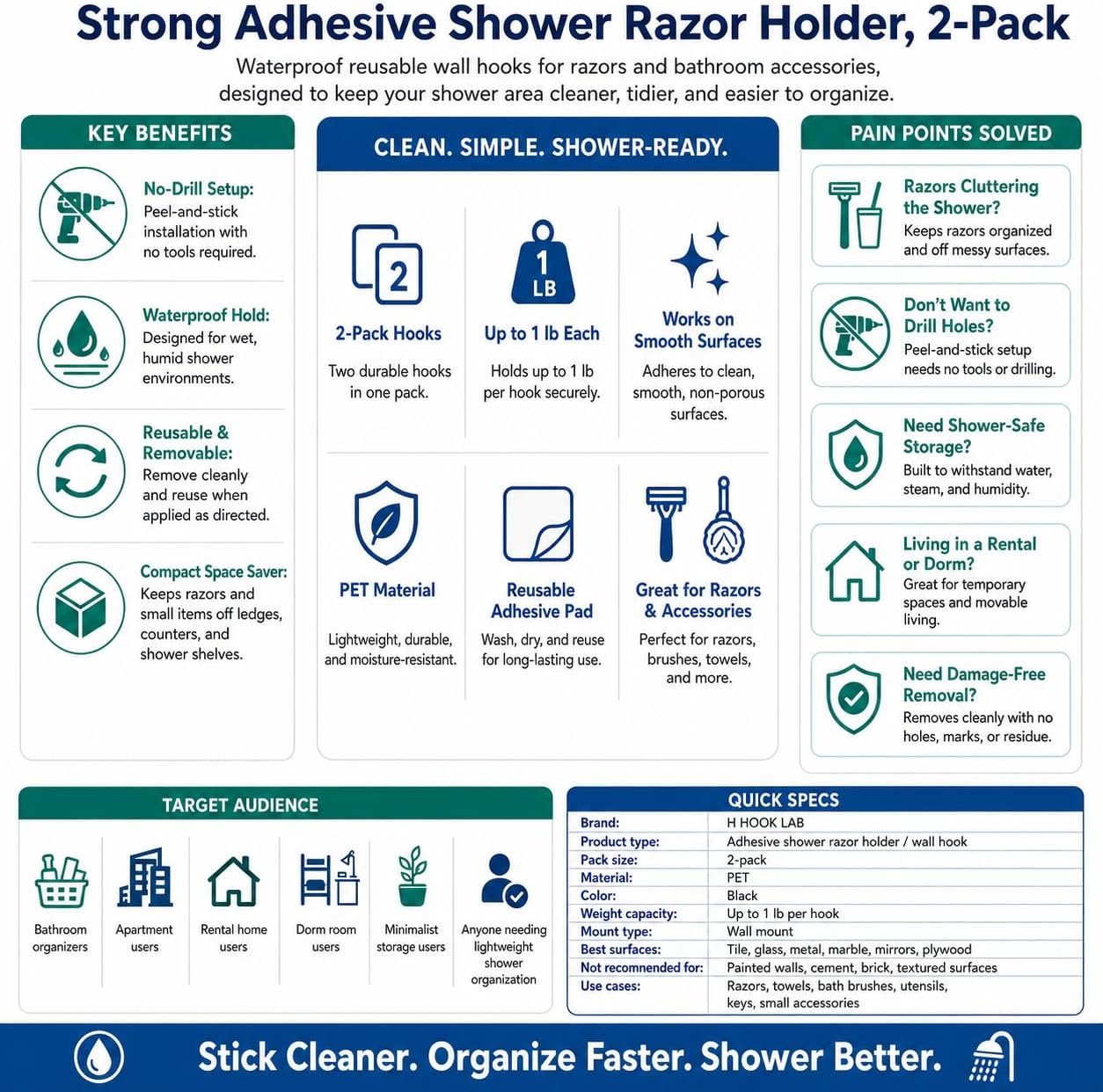 Hook LAB Strong Adhesive Shower Razor Holder, 2-Pack Waterproof Wall Hooks for Bathroom, Reusable & Removable No-Drill Hook for Razors, Towels & Accessories – Works on Tile, Glass & Metal - Black