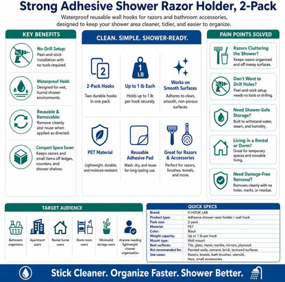 Hook LAB Strong Adhesive Shower Razor Holder, 2-Pack Waterproof Wall Hooks for Bathroom, Reusable & Removable No-Drill Hook for Razors, Towels & Accessories – Works on Tile, Glass & Metal - Black
