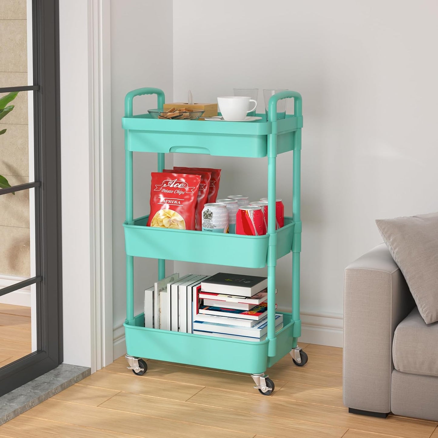Calmootey 3-Tier Rolling Utility Cart with Drawer,Multifunctional Storage Organizer with Plastic Shelf & Metal Wheels,Storage Cart for Kitchen,Bathroom,Living Room,Office,White