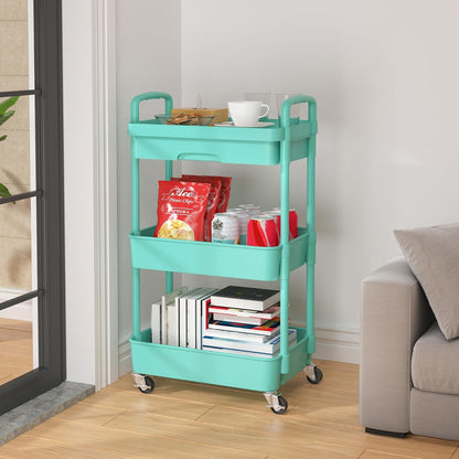 Calmootey 3-Tier Rolling Utility Cart with Drawer,Multifunctional Storage Organizer with Plastic Shelf & Metal Wheels,Storage Cart for Kitchen,Bathroom,Living Room,Office,White