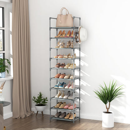 LANTEFUL 10 Tiers Tall Shoe Rack 20-25 Pairs Boots Organizer Storage Sturdy Narrow Shoe Shelf for Entryway, Closets with Hooks, Black