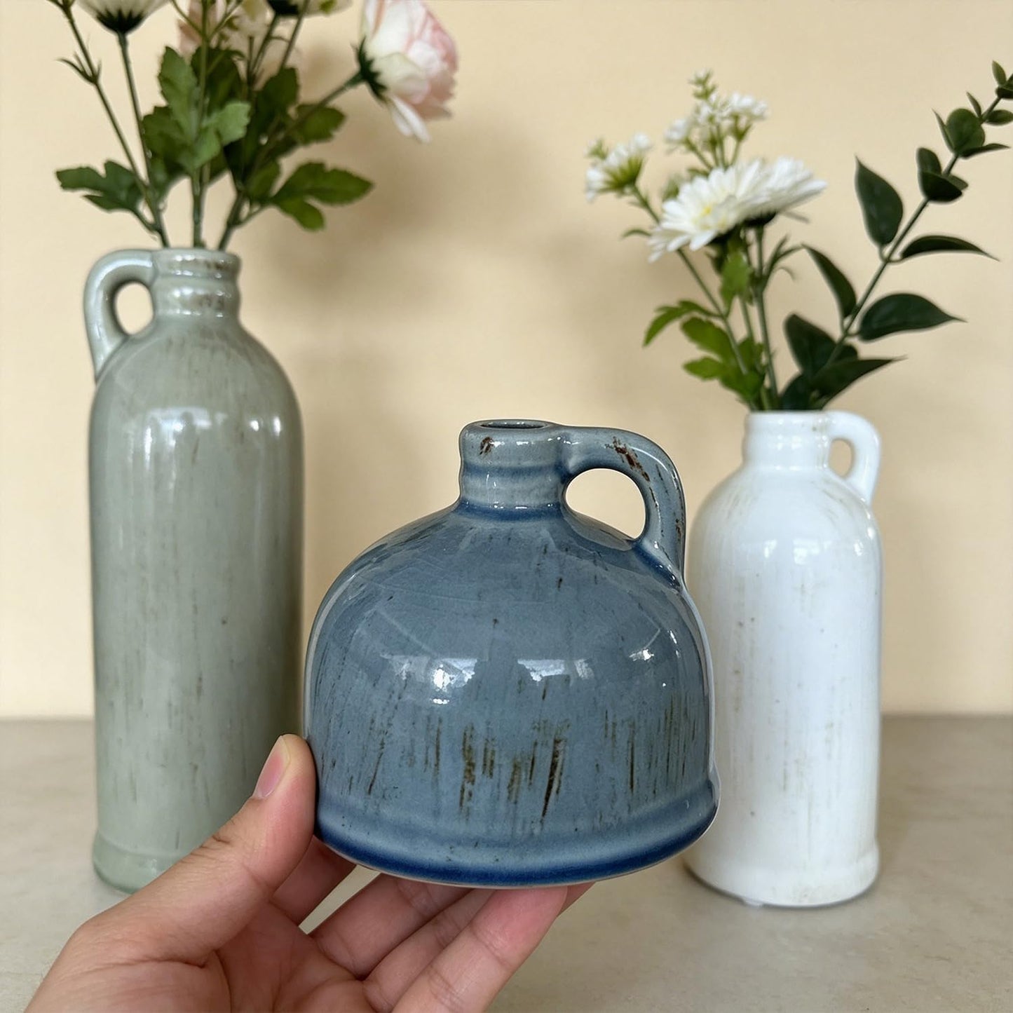 Ceramic Vase Set of 3,Rustic Vase Home Decor, Farmhouse Vase Decor for Shelves,Entry Table,Living Room,Fireplace