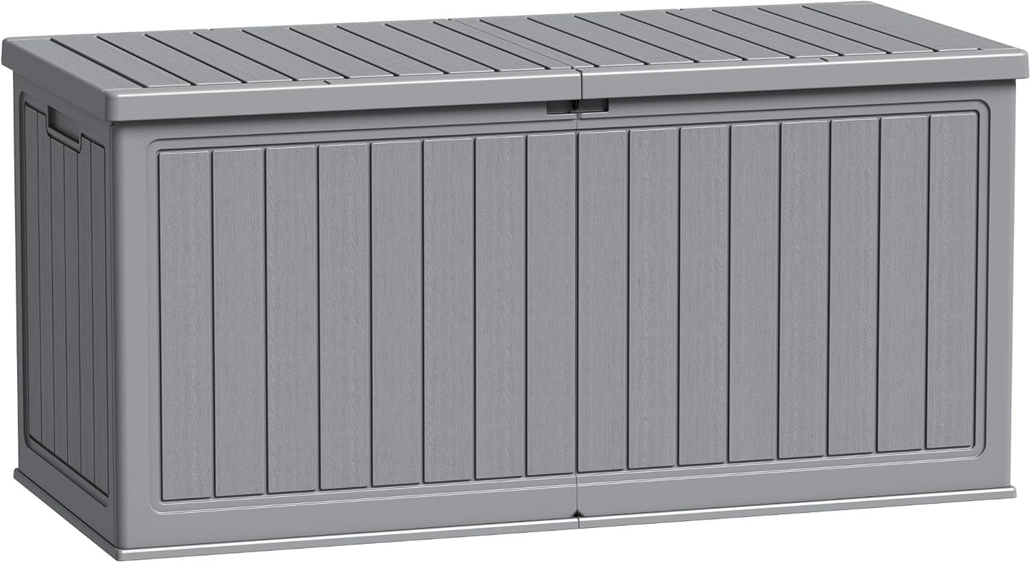 Flamaker Resin Deck Box 120 Gallon Waterproof Large Outdoor Indoor Storage Box Imitation Wood Resin for Patio Furniture Garden Tools and Pool (Black)