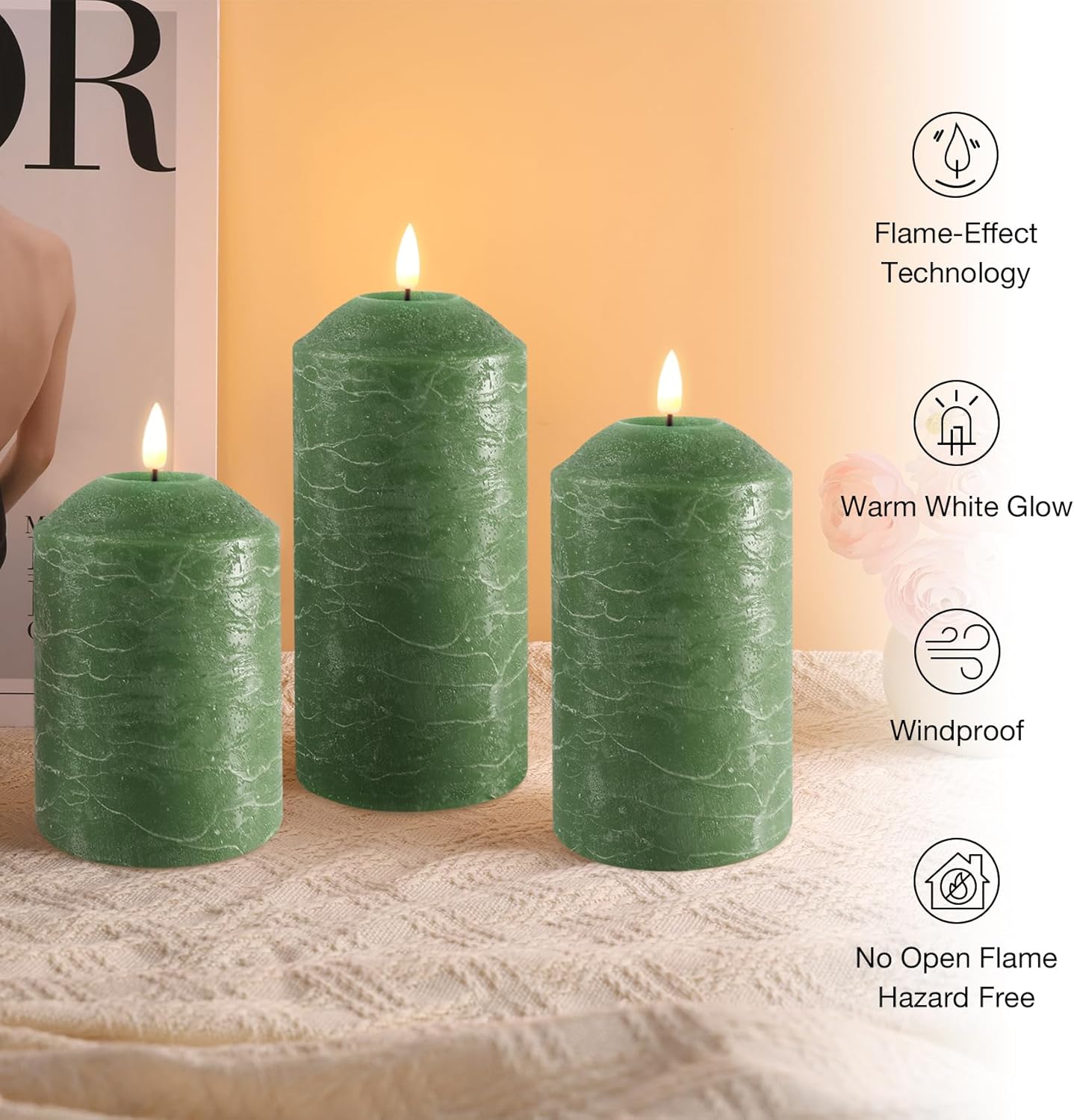 Eywamage White Flameless Pillar Candles with Remote, Flickering LED Candles Battery Powered Real Wax Set of 3