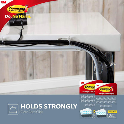 Command Round Cord Clips, Damage-Free Hanging Cable Clips, No Tools Wall Clips for Hanging Electrical Cables of Christmas Decorations, 13 Clear Cord Clips and 16 Command Strips