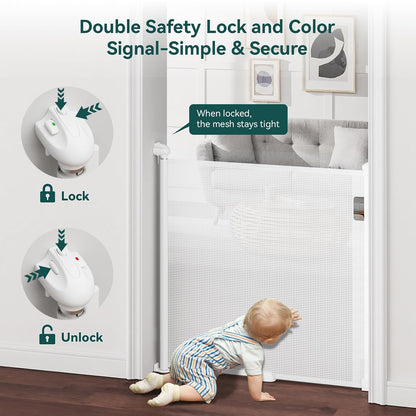 Babepai Retractable Baby Gates for Stairs, Retractable Dog Gate for Indoor/Outdoor Use | Child Gates for Doorways, Deck, Porch, Hallways, Patio (White, 55" Wide 34" Height)