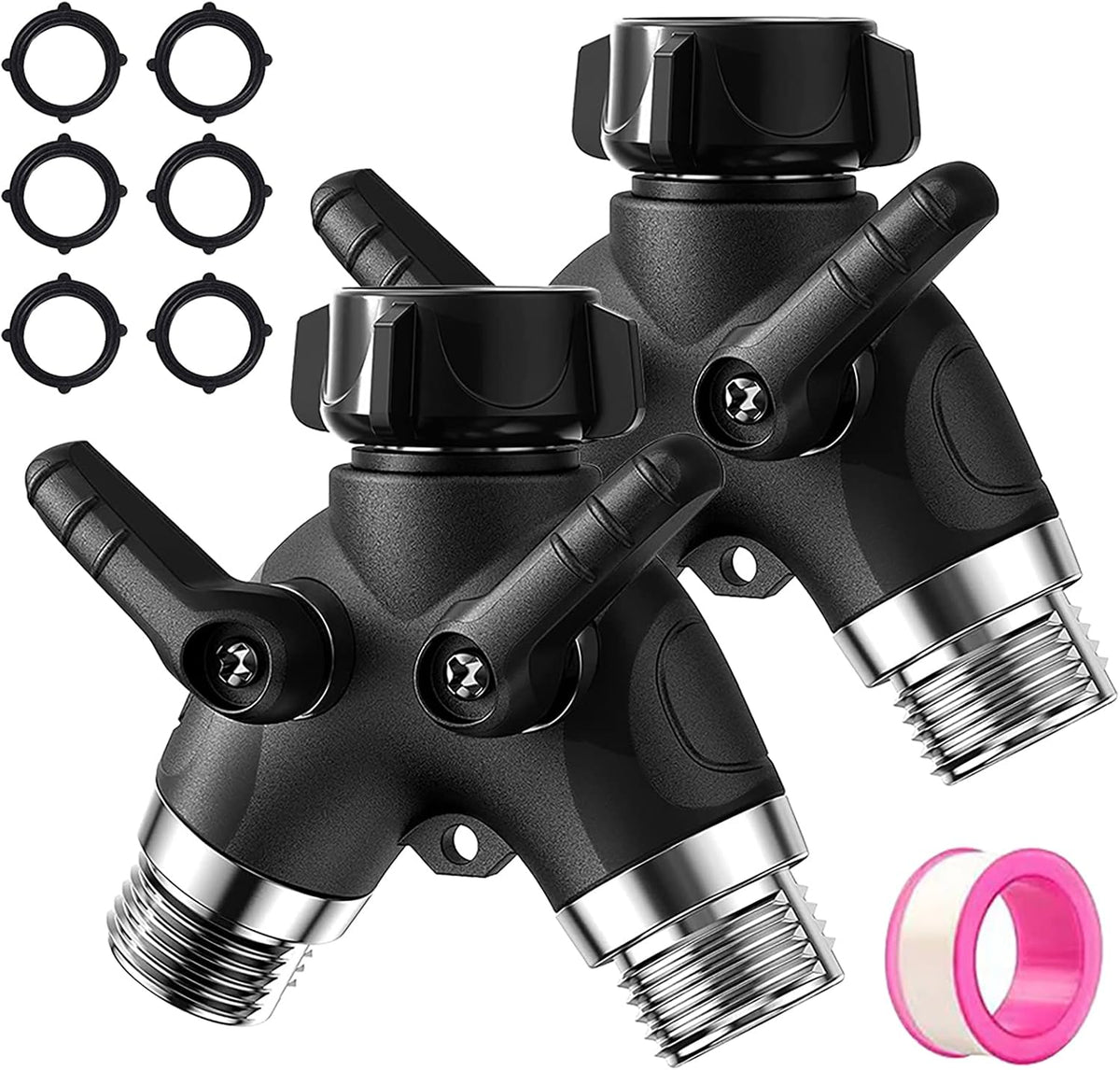 2 Way Garden Hose Y Splitter, 3/4 Inch Heavy Duty Metal Faucet Splitter | 2 Pack 3/4" Garden Hose Splitter Heavy Duty Water Faucet Splitter with Comfortable Rubberized Grip + 6 Extra Rubber Washers
