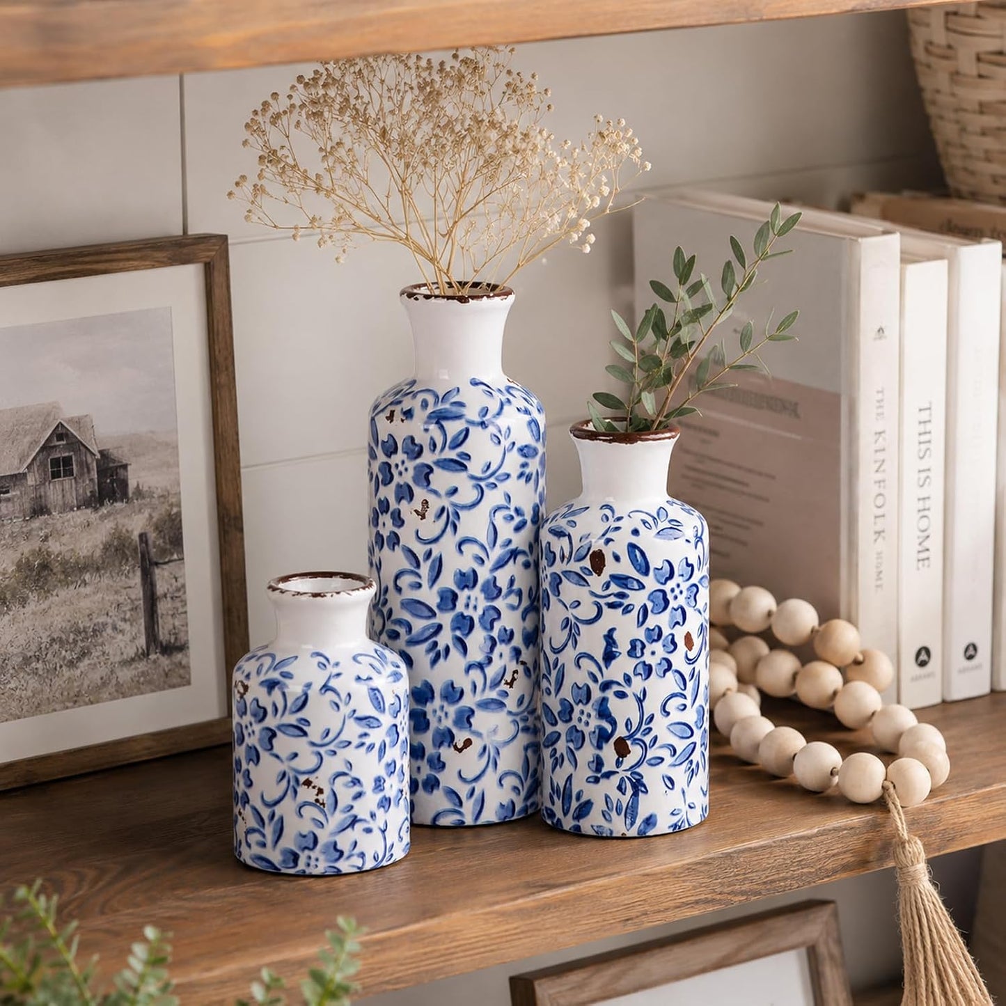 Ceramic Vase Set of 3 – Small Flower Vases, Modern Farmhouse Boho Flower Vases for Home Decor, Rustic Pottery Vases for Centerpieces, Living Room, Shelf, Fireplace, Entryway Decor, Table or Cabinet
