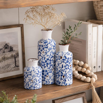 Ceramic Vase Set of 3 – Small Flower Vases, Modern Farmhouse Boho Flower Vases for Home Decor, Rustic Pottery Vases for Centerpieces, Living Room, Shelf, Fireplace, Entryway Decor, Table or Cabinet