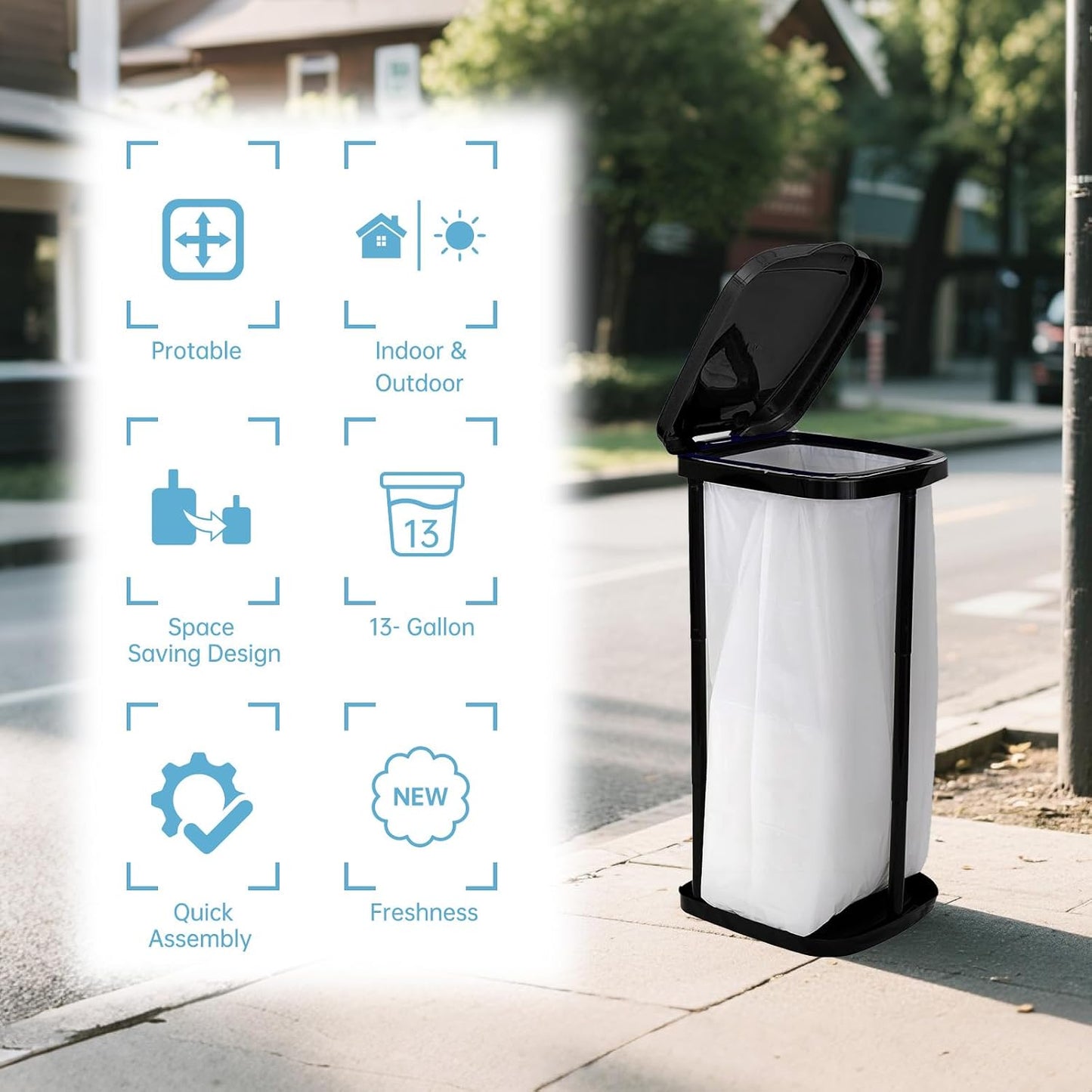 Collapsible Trash Bag Holder Portable Garbage Bin Holder Stand for Kitchen Outside High Capacity Plastic Outdoor Trash Can with Lid for Parties and Camping, Black