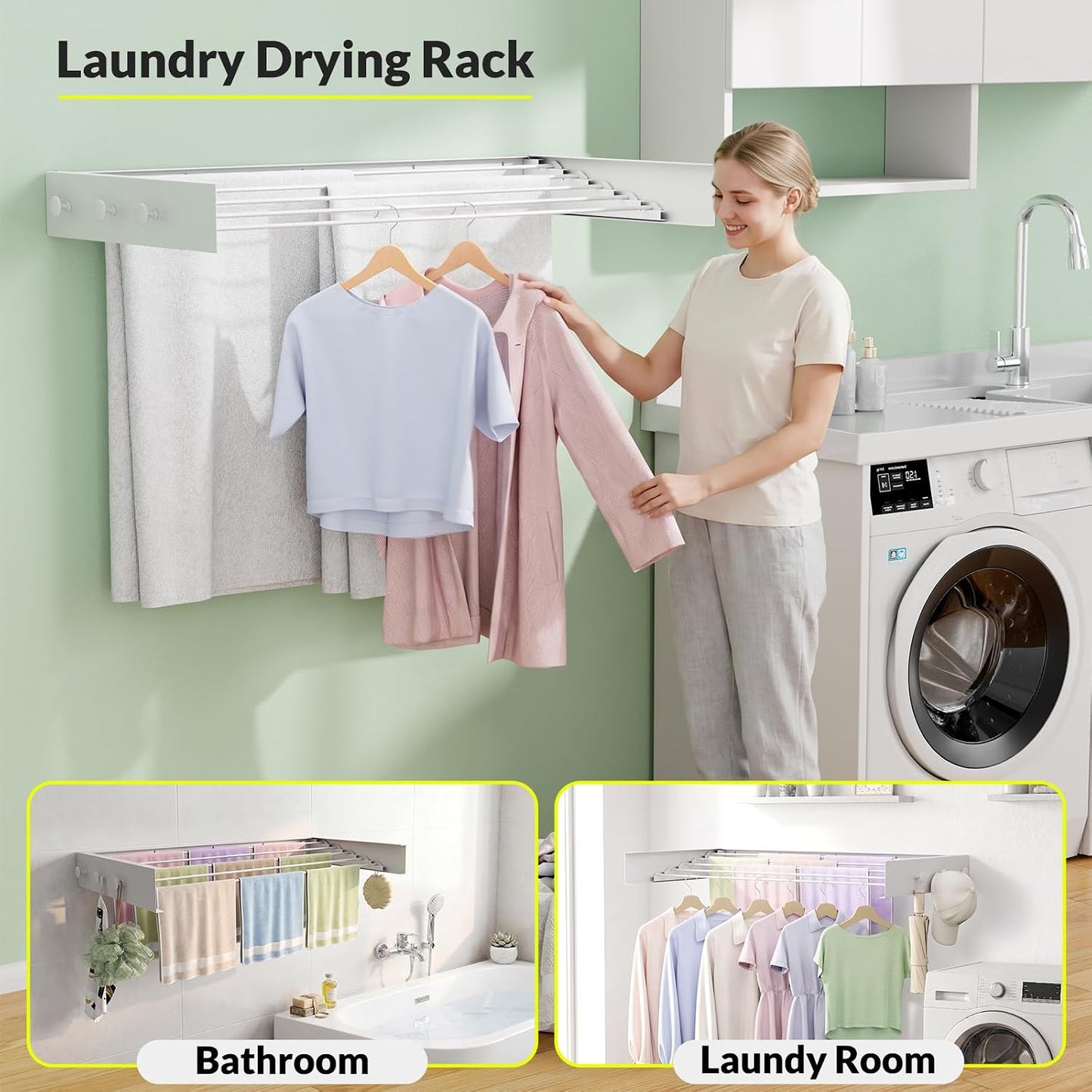 Wall Mounted Drying Rack, 23.6" Retractable Clothes Drying Rack, Heavy Duty 60LB Capacity with 4 Stainless Steel Rods, Foldable Laundry Rack for Indoor Laundry Room, Balcony & Bathroom