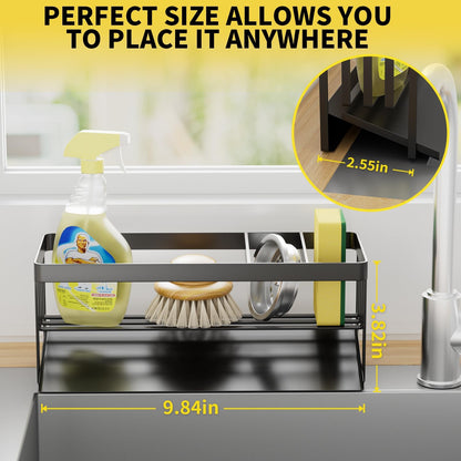 Kitchen Sink Caddy Organzier with Sponge Holder and Removable Drip Tray for Kitchen Sink, 304 Stainless Steel Organize for Sponge Soap Dish Brush Storage Accessories(Black)