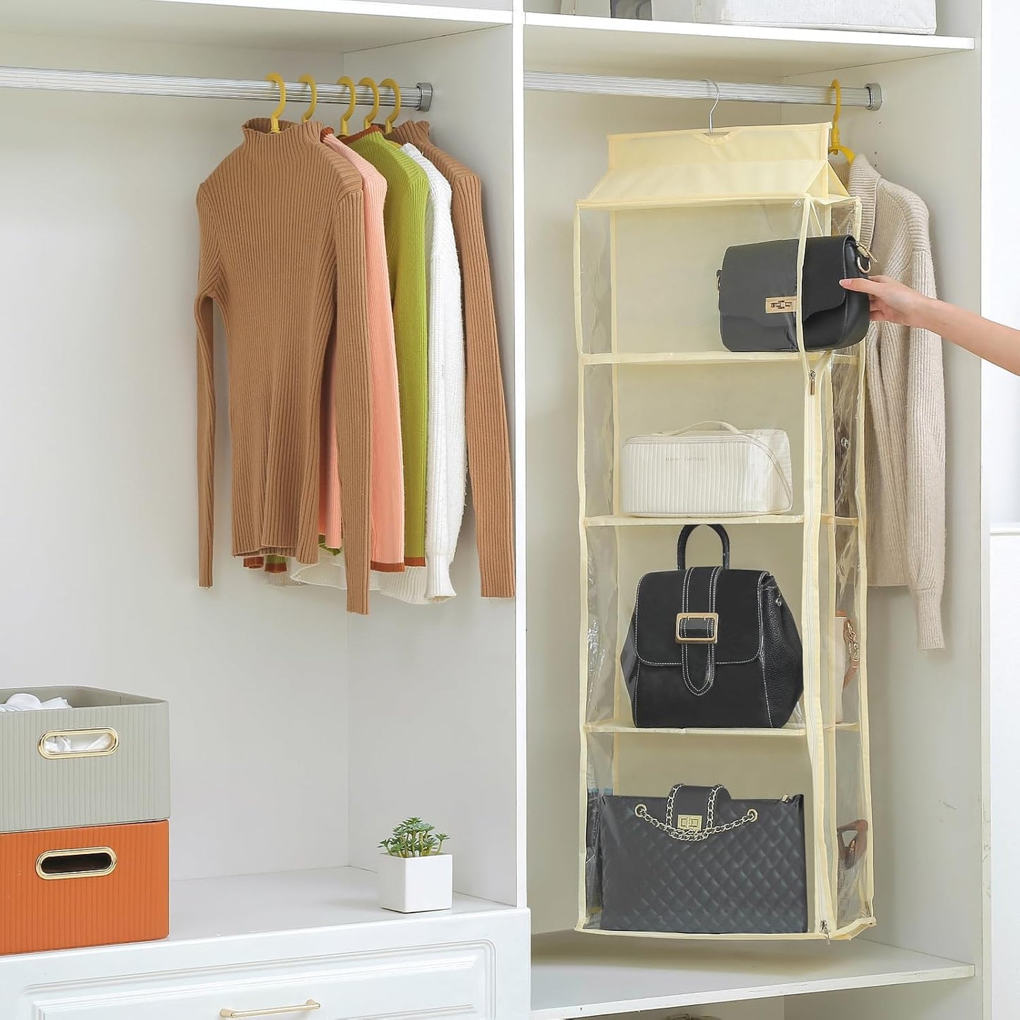 8 Grids in 1 Pack Hanging Purse Handbag Organizer with Double Zippers, Visible Purse Organizer for Closet, Fully Enclosed Purse Storage Holder-Black