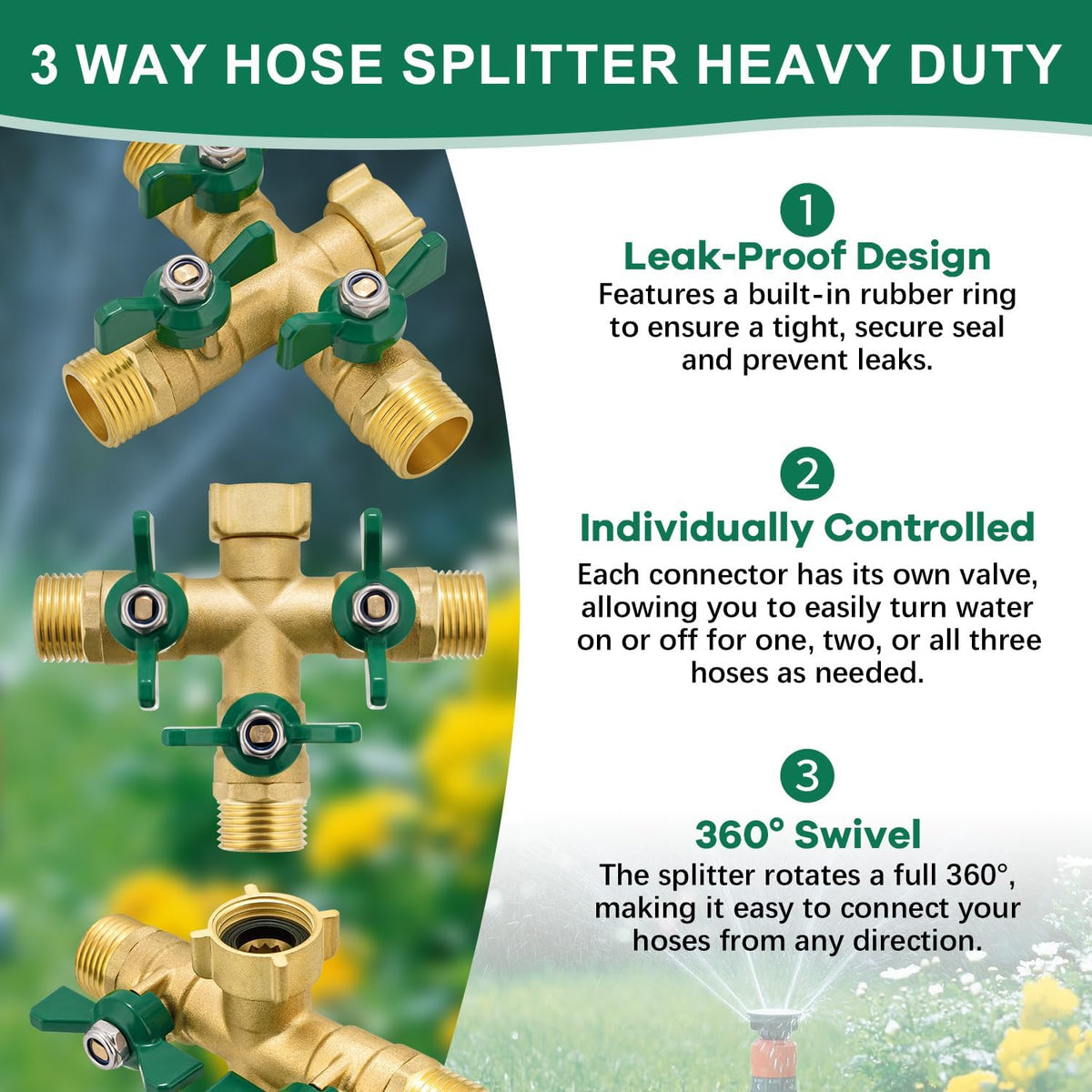 Garden Hose Splitter 2 Way, Heavy Duty Brass Hose Splitter, 3/4" GHT Hose Y Splitter with Shutoff, Full Flow Outdoor Faucet Splitter, Water Hose Y Valve Tap Adapter
