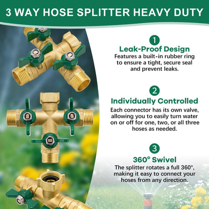 Garden Hose Splitter 2 Way, Heavy Duty Brass Hose Splitter, 3/4" GHT Hose Y Splitter with Shutoff, Full Flow Outdoor Faucet Splitter, Water Hose Y Valve Tap Adapter