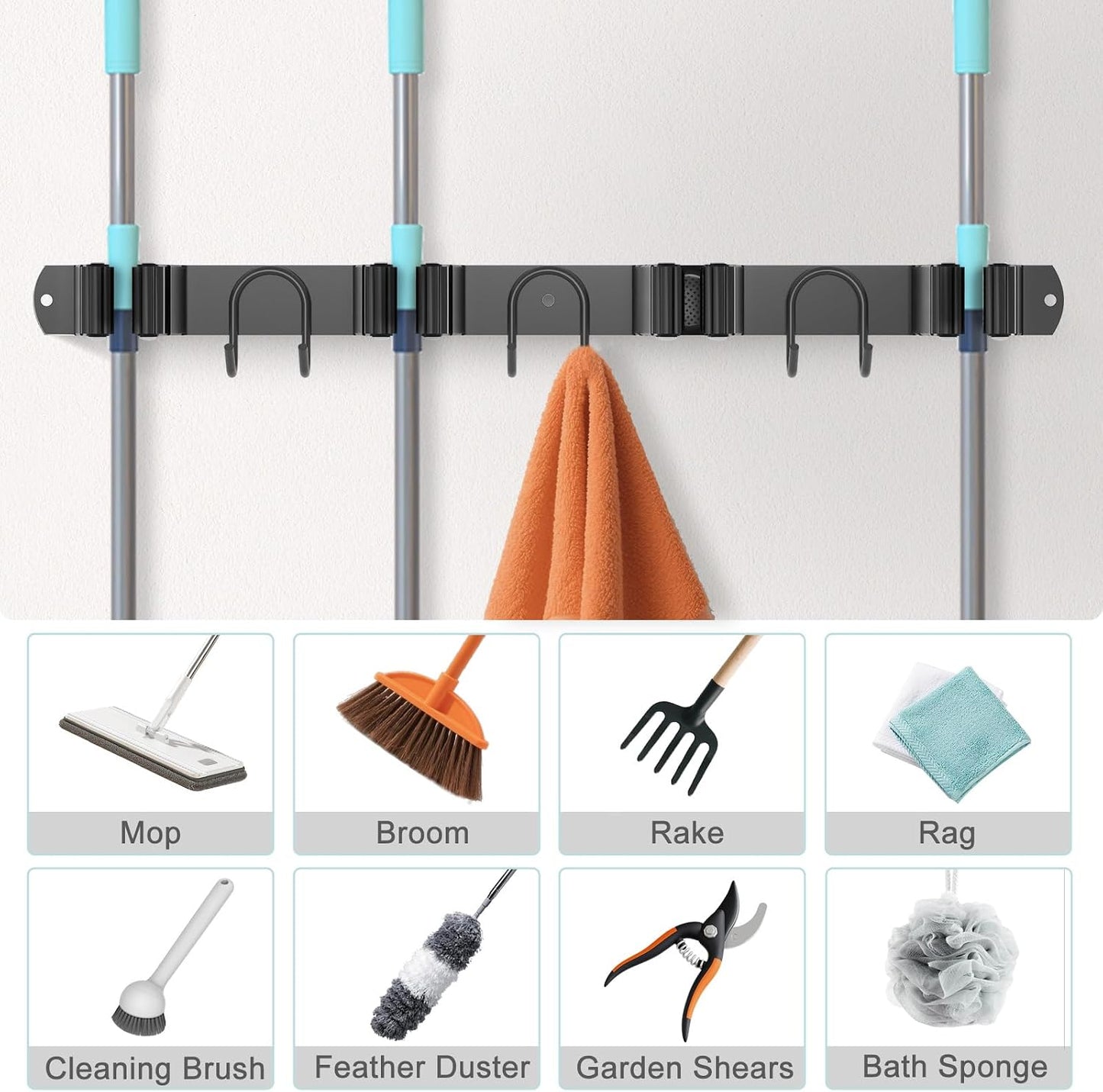 Broom Holder Wall Mount, Stainless Steel Mop Hanger with 4 Slots 6 Hooks, Tool Storage Wall Organizer for Kitchen Garden Garage Laundry Room Bathroom and RV, Black 1-Pack