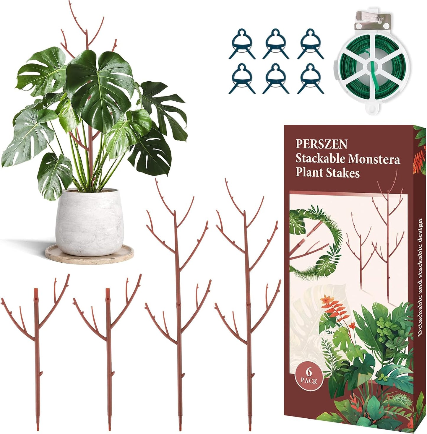 PERSZEN 6 Pack Stackable Monstera Plant Support, Plant Stakes for Indoor and Outdoor Plants Use, Garden Stakes for Climbing and Potted Plants, Pothos, Philodendron