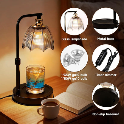 Candle Warmer Lamp with Timer, Dimmer, Vintage Glass Shade | Adjustable height, 2/4/8-hour timer, wood base, 2 bulbs included