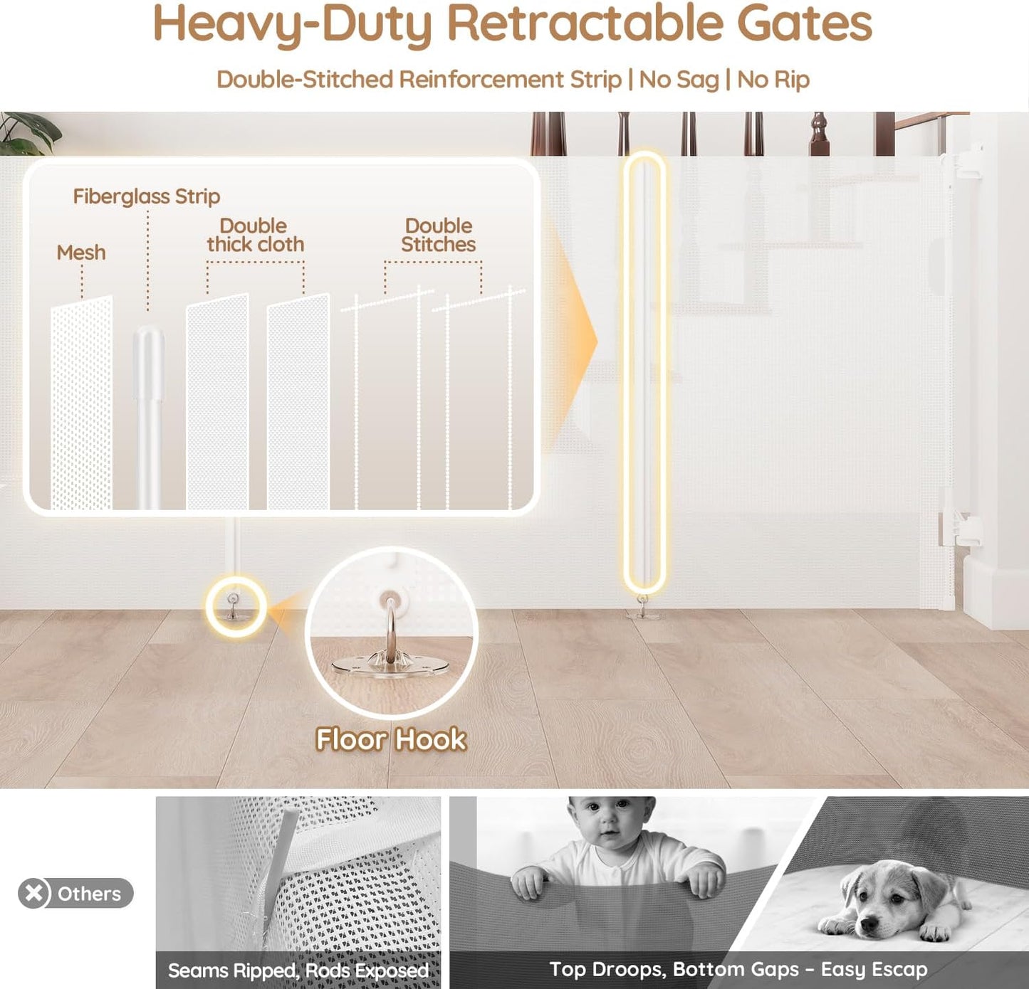 Miumoon One-Hand Operation Retractable Baby Gates, 71 inch Retractable Gate with Reinforced Strip Design to Prevent Crawling Through, 6 FT Retractable Dog Gate for Stairs, Doorways, Hallways