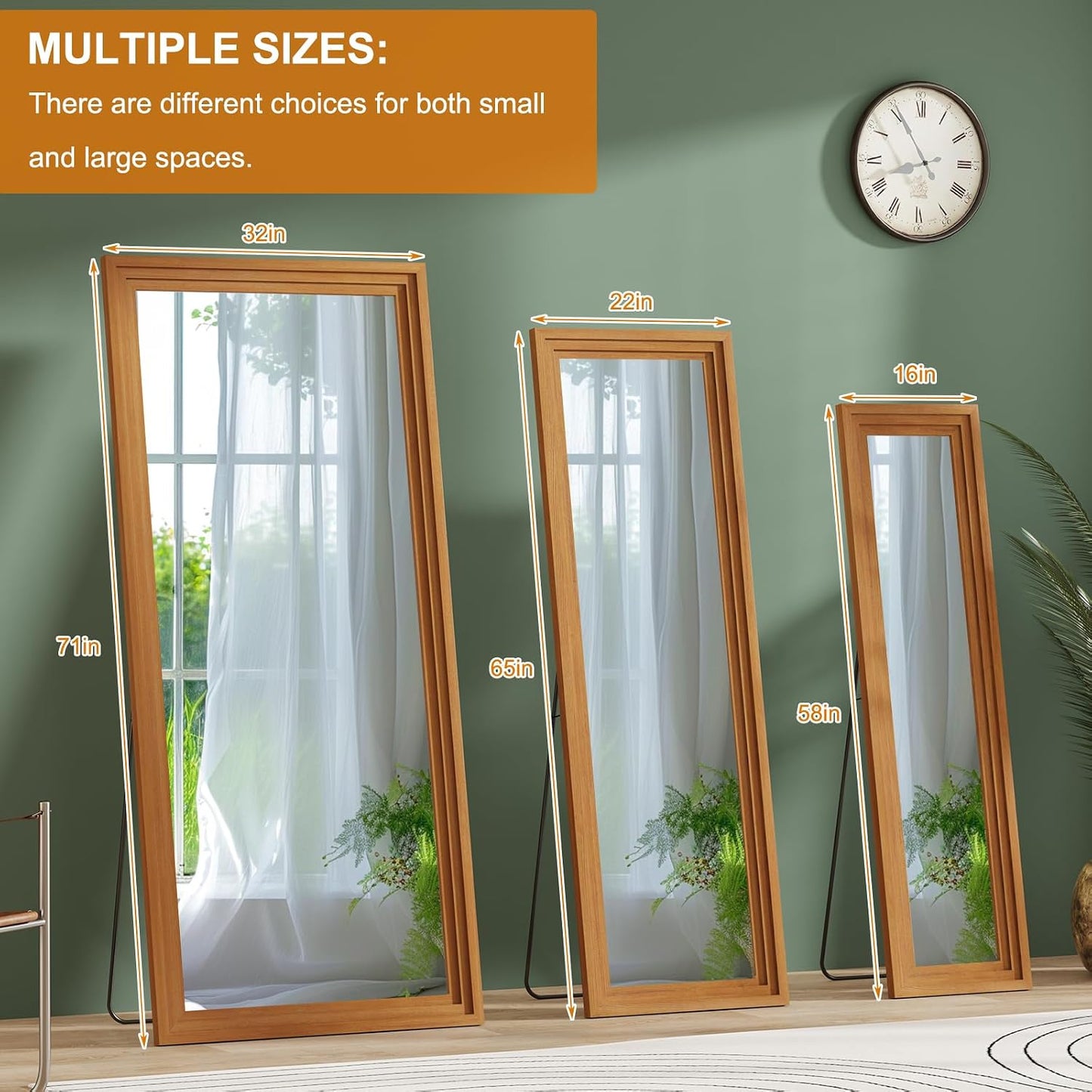 ZHUNFA Full Length Mirror, 71x32 Inch Full Length Mirror Wall Mounted | Vertical Hanging, Leaning Standing for Bedroom, Living Room, Rectangular Wooden Frame, Log Color.