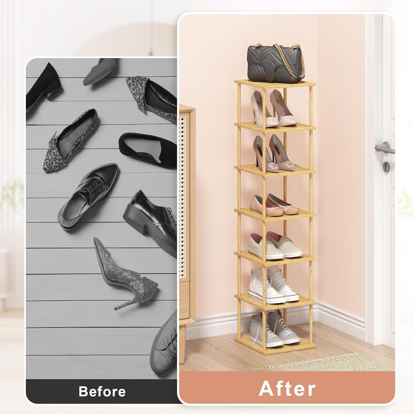 MHXW SXPN Bamboo Free Standing Shoe Rack Shelf Multi Tier Tall Wooden Stackable Shoes Rack Organizer for Closet Front Door Entrance Narrow Vertical Shoe Storage (Nature, 7 Tiers)