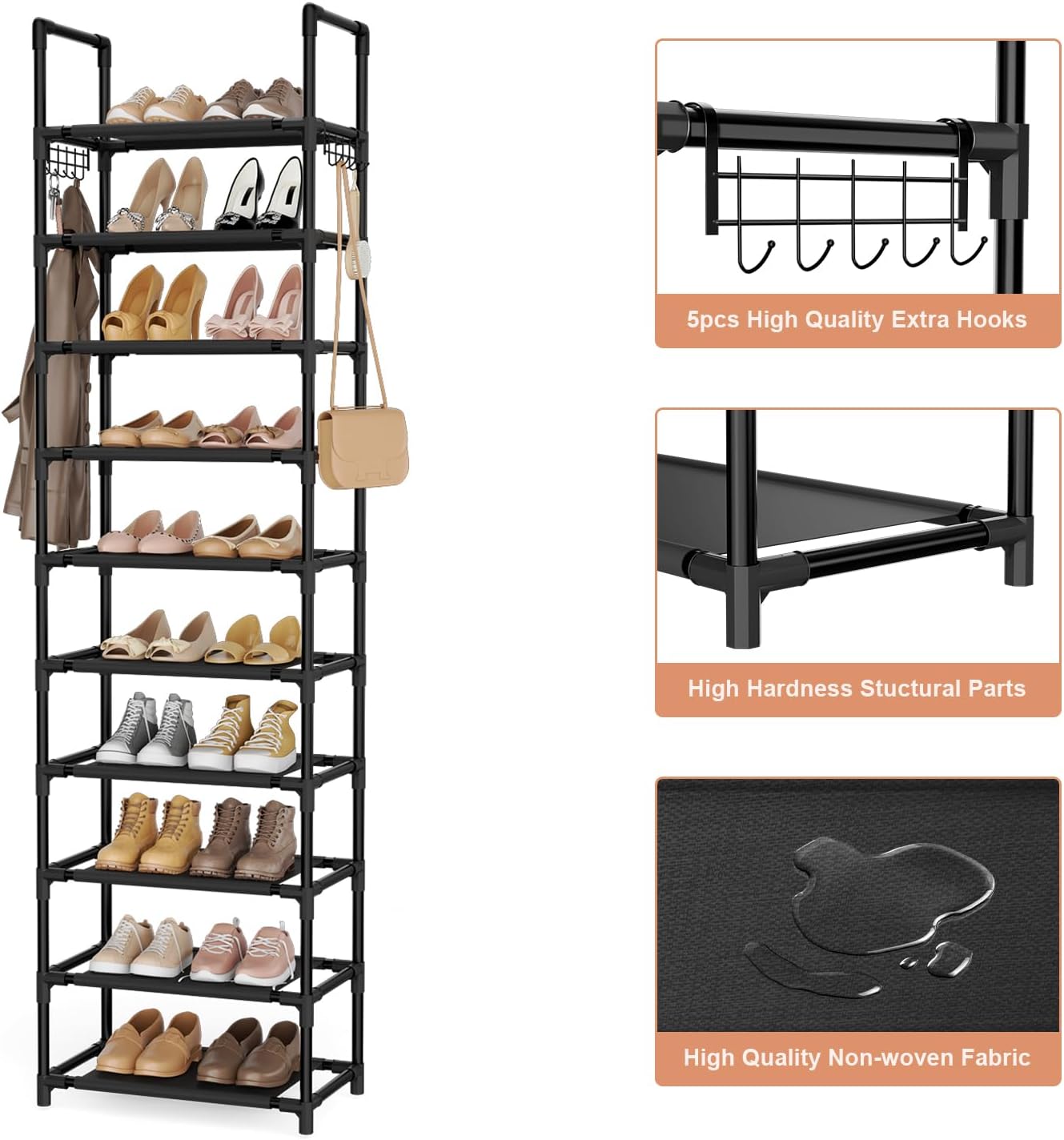 LANTEFUL 10 Tiers Shoe Rack 50 Pairs Large Capacity Tall Shoe Organizer Sturdy Shoe Storage with Two Hooks Space Saving Metal Wide Shoe Rack for Closet, Entryway, Bedroom, Black