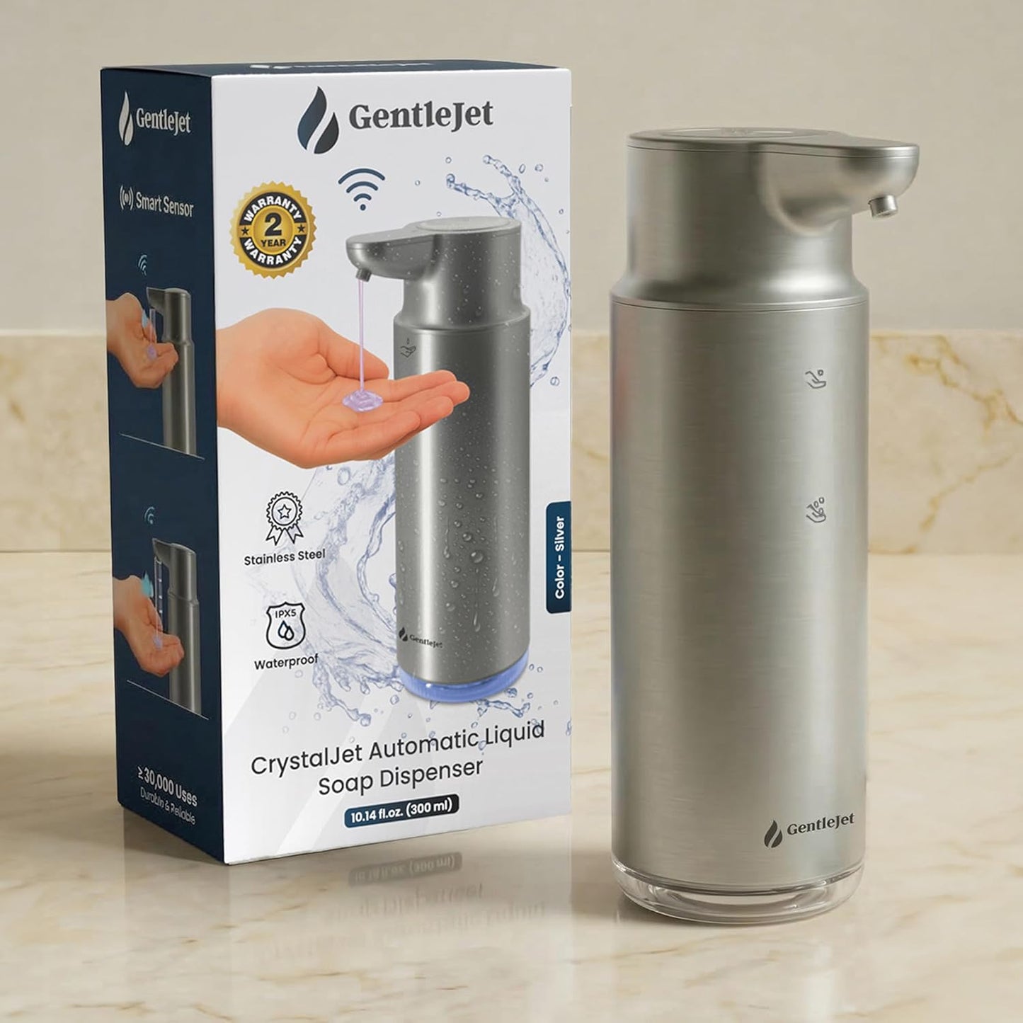 GentleJet CrystalJet Automatic Liquid Soap Dispenser – Touchless Sensor, Stainless Steel, USB-C Rechargeable, Waterproof Kitchen & Bathroom Countertop Soap Dispenser, 300 ml