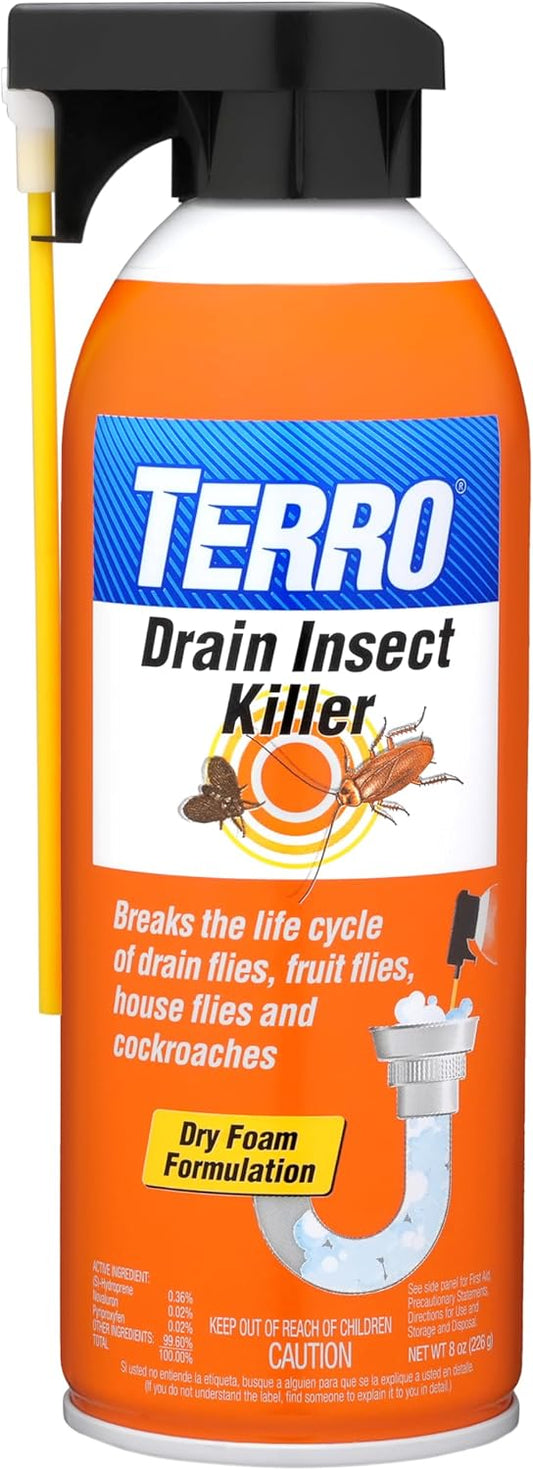 TERRO Drain Insect Killer, 1-Pack, Foam Treatment for Indoor Infestations | Kills Cockroaches, Drain, House, & Fruit Flies, Extension Tube Application, Drain Fly Killer, Works on All Pipes