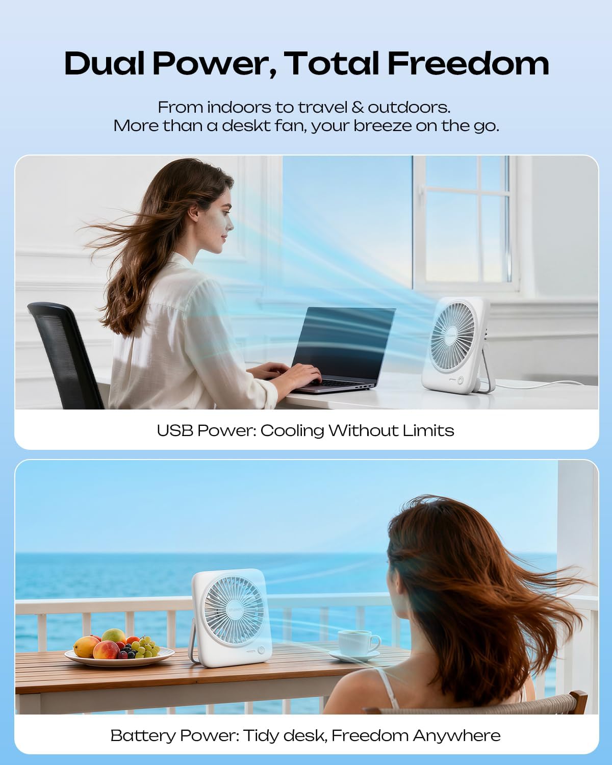 Otlonpe Personal Portable Desk Fan, 4000mAh Small Rechargeable Portable Fan Battery Operated & USB Powered for Travel Sleeping Bedroom Office Home Table, Cordless, Quiet, 4-Speed, 6.5 Inch (Black)