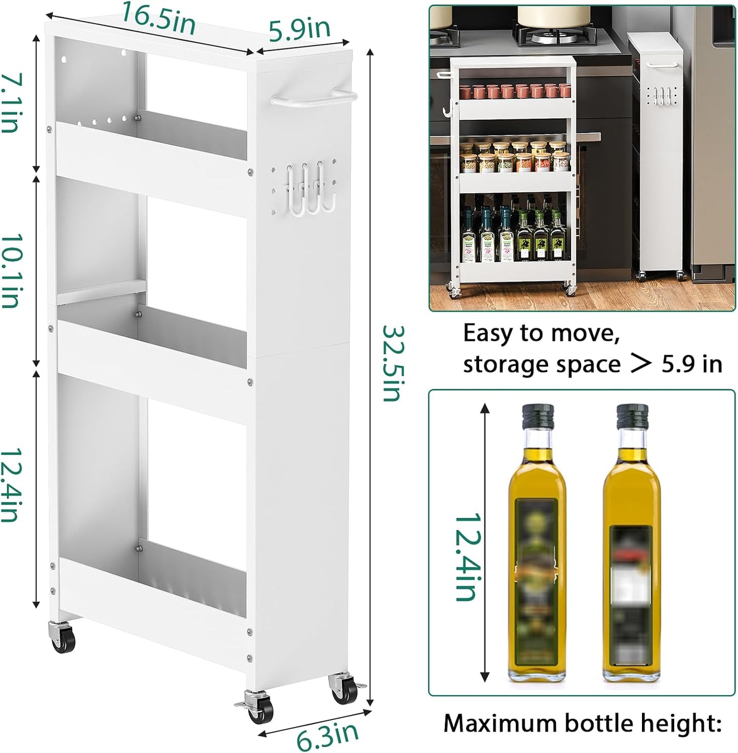 XYZLVSI Slim Storage Cart, Narrow Kitchen Rolling Cart for Small Spaces | 5.9" W skinny storage cart, 12.4" bottom metal utility cart with 360° swivel wheels for bathroom/laundry, slim shelf, white